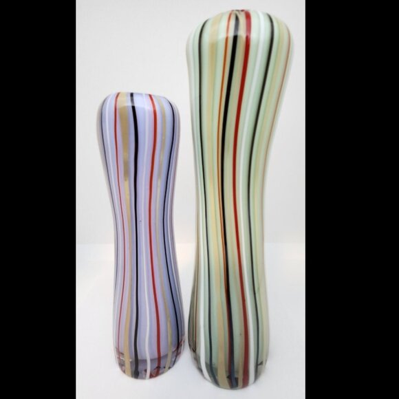 1 pair Contemporary Striped Glass Bud Vases, Purple, Green - Picture 1 of 5